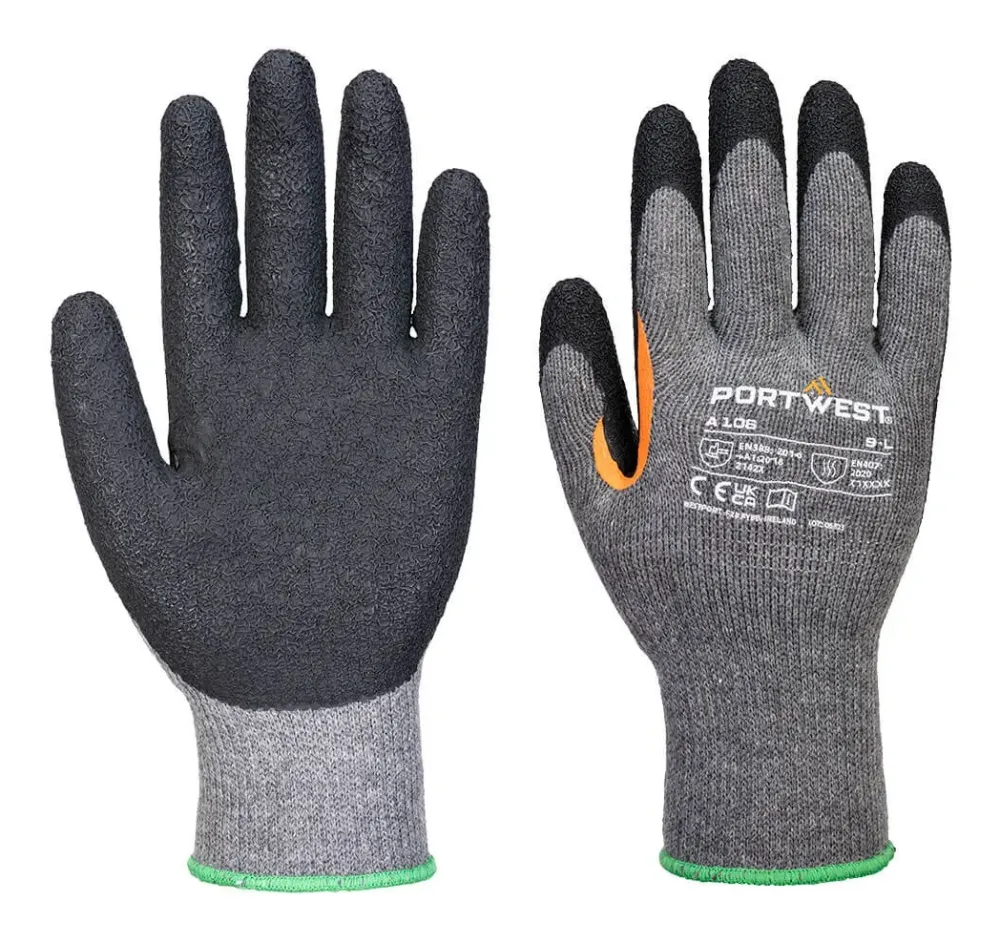 Portwest A106 Grip 10 latex handschoen met versterkt duimkruis (Pk12) Grijs/zwart voorkant