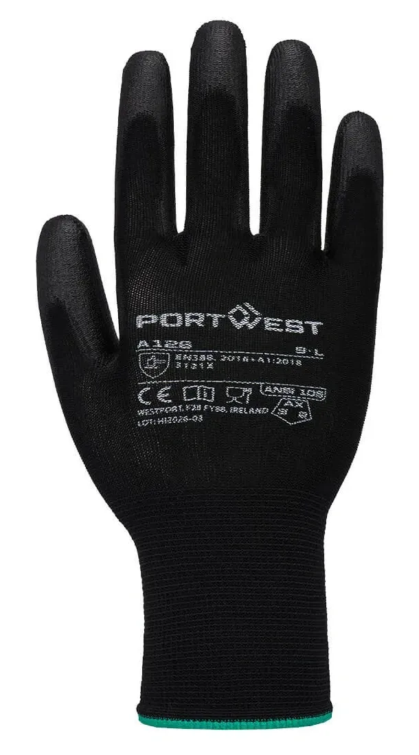 Portwest A126 Grip 13 Nylon PU Glove Zwart voorkant
