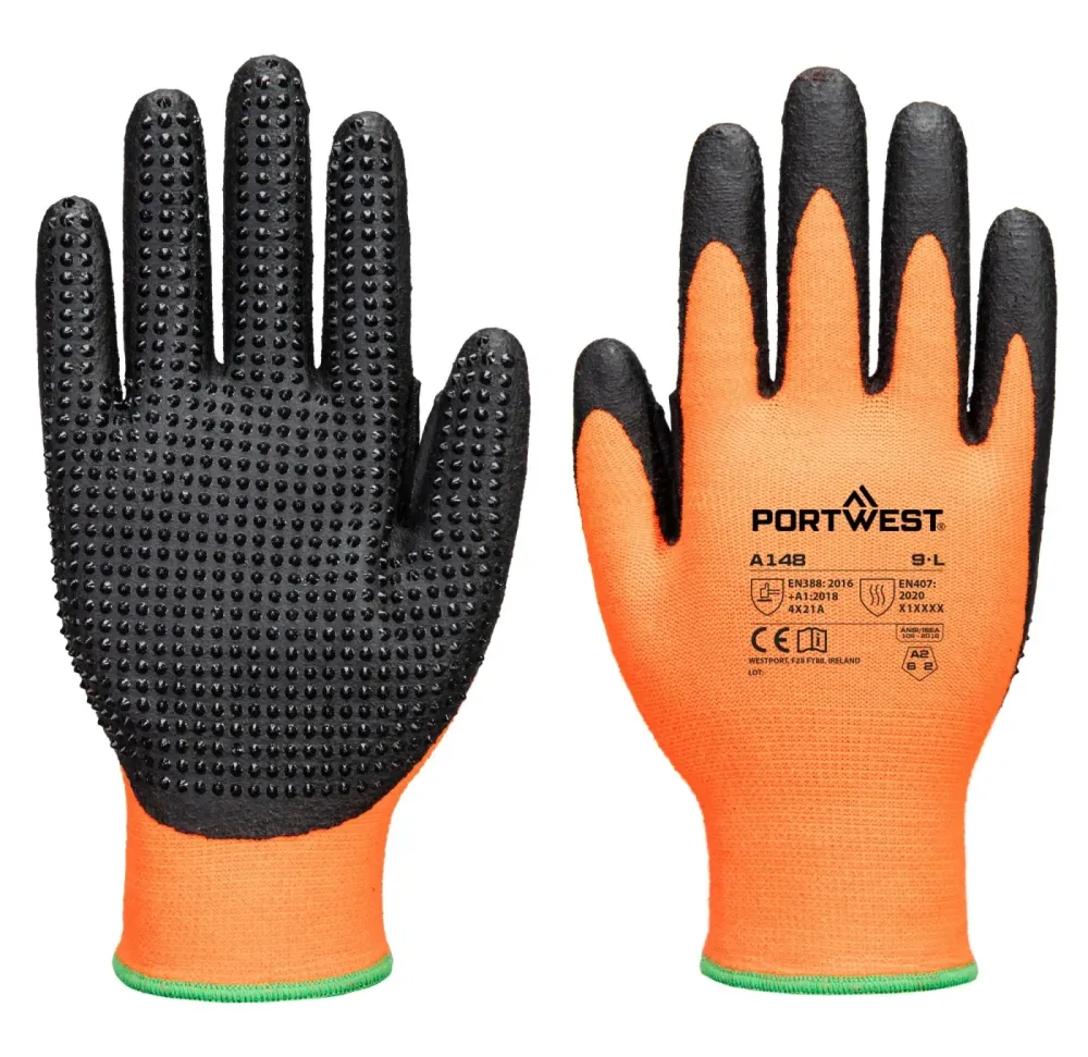 Portwest A148 Grip 13 Nitril Handschoen met Dots Oranje/zwart voorkant