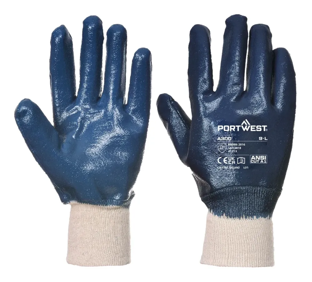 Portwest A300 Nitril handschoen met gebreid manchet Marine voorkant