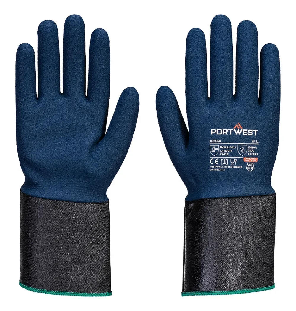 Portwest A304 Grip C13 Nitril Schuim Handschoen met Verlengd Manchet Grijs/bauw voorkant