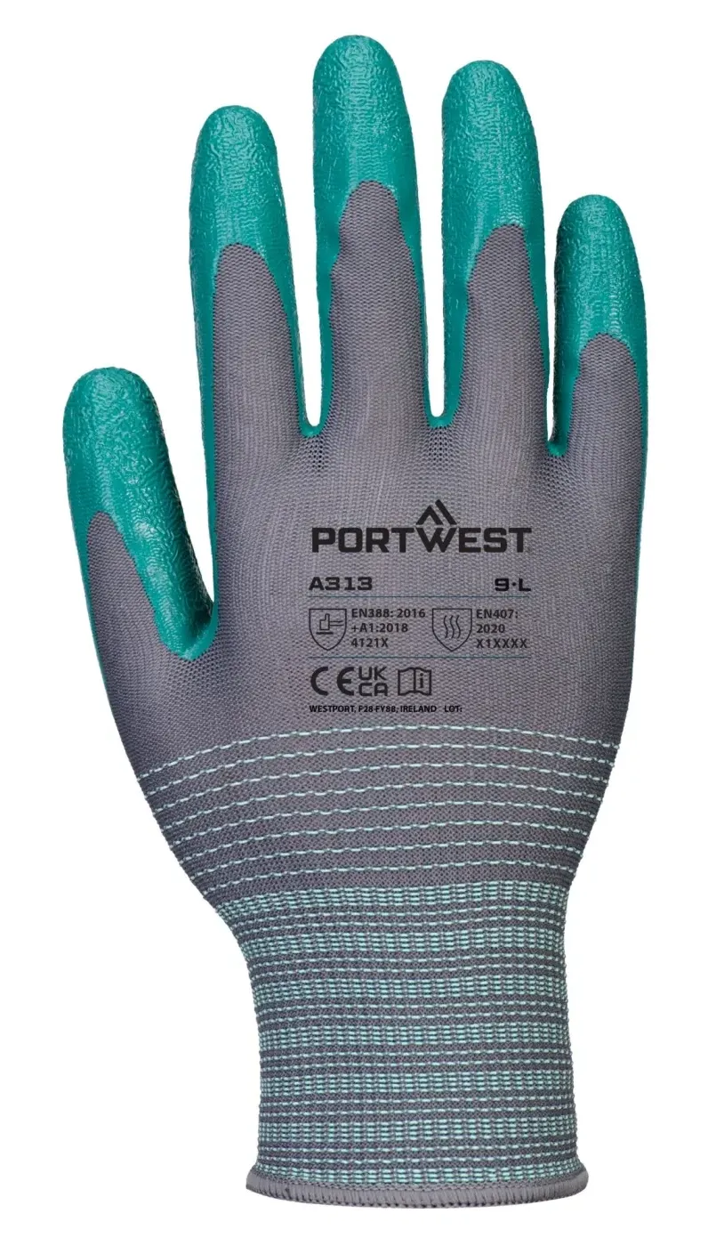 Portwest A313 Grip 15 Nitril Gekreukte handschoen (Pk12) Grijs/Groen voorkant