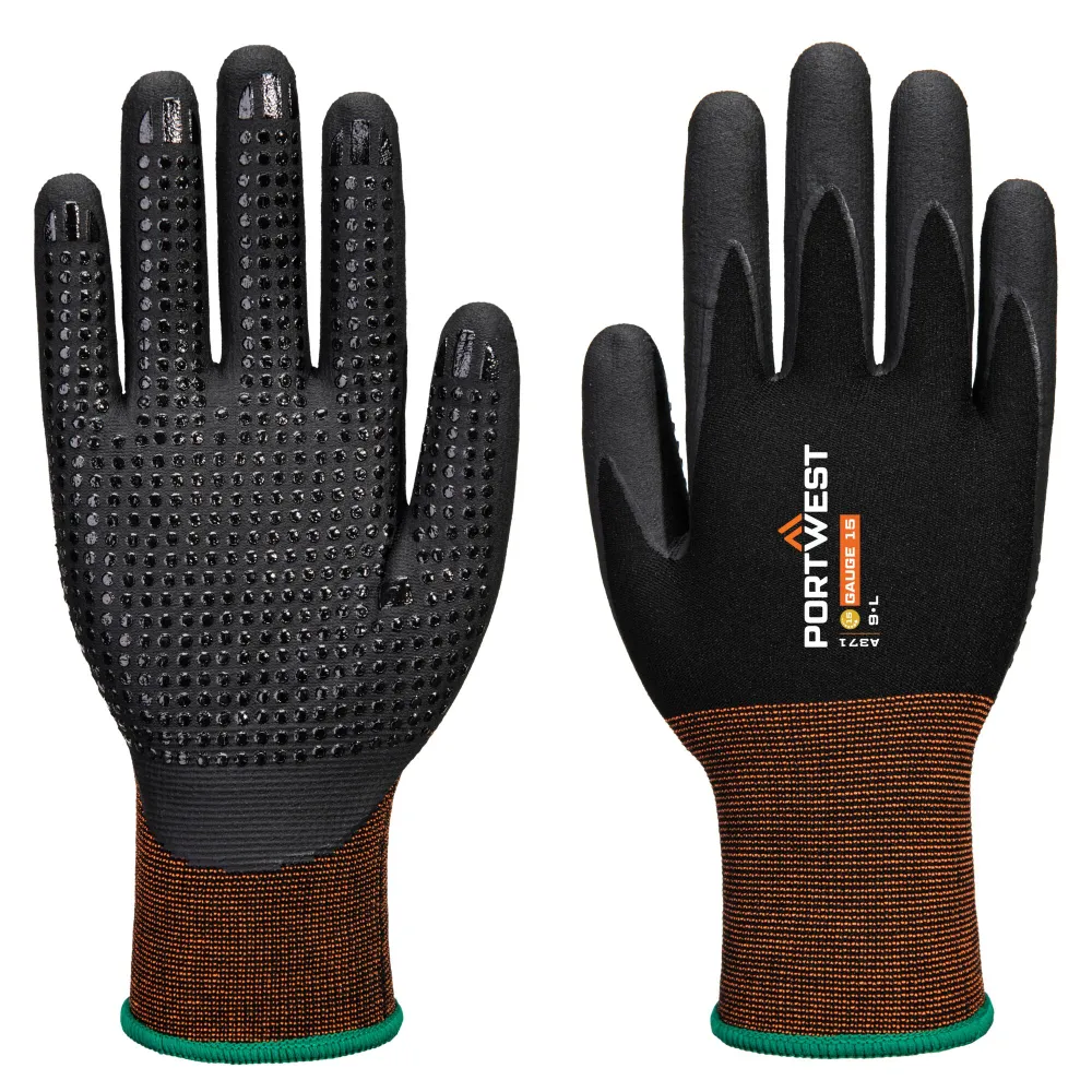 Portwest A371 GP Grip 15 Nitril Micro Foam Handschoen met dots Zwart voorkant