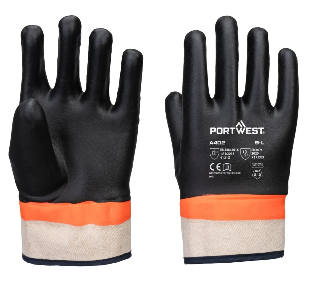 Portwest A402 Grip PVC Sandy Dubbel gedipte handschoen Zwart/Oranje voorkant