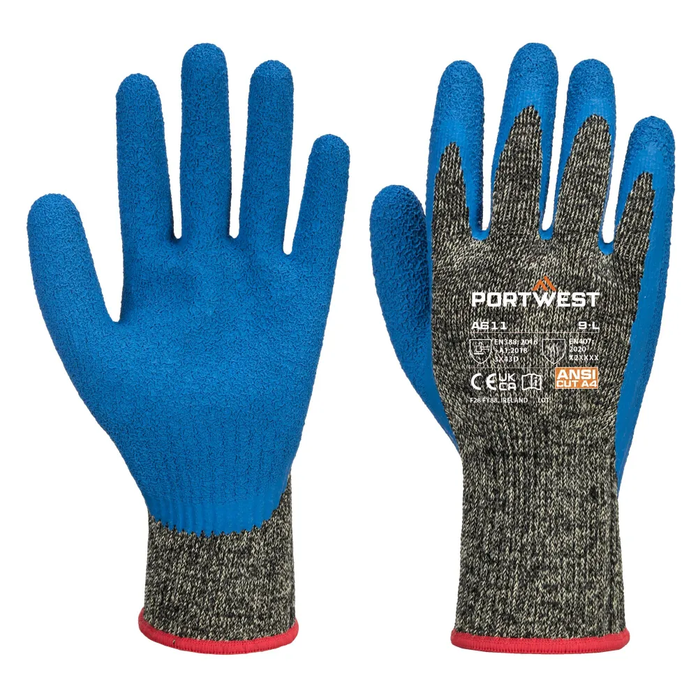 Portwest A611 Snijbestendige Aramide/Latex handschoen Zwart/blauw voorkant