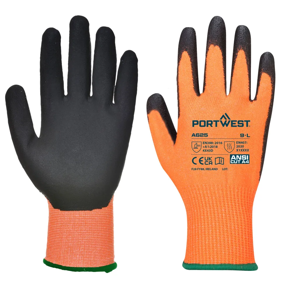 Portwest A625 Hi-Vis Snijbestendige Handschoen Oranje/zwart voorkant