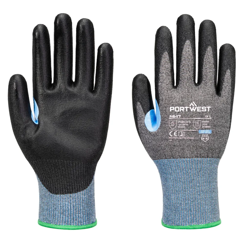 Portwest A647 CS Cut D15 PU Snijbestendige Handschoen Grijs/zwart voorkant