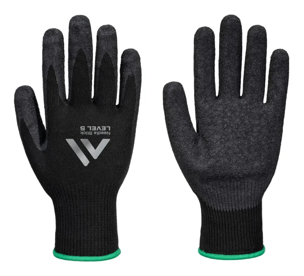Portwest A793 Naalden F10 Latex Gerimpelde Handschoen Zwart voorkant