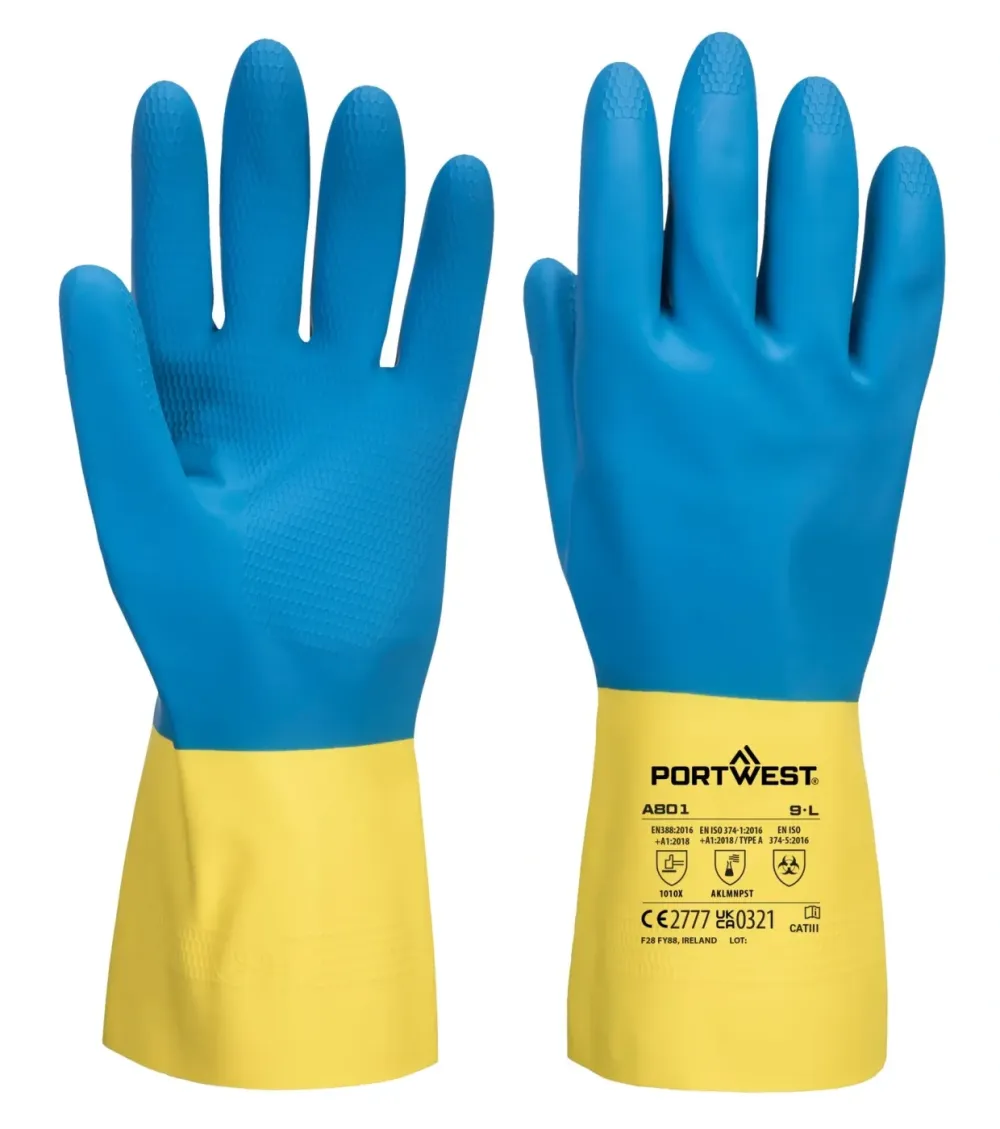 Portwest A801 Dubbel gecoate latex handschoen Geel/blauw voorkant