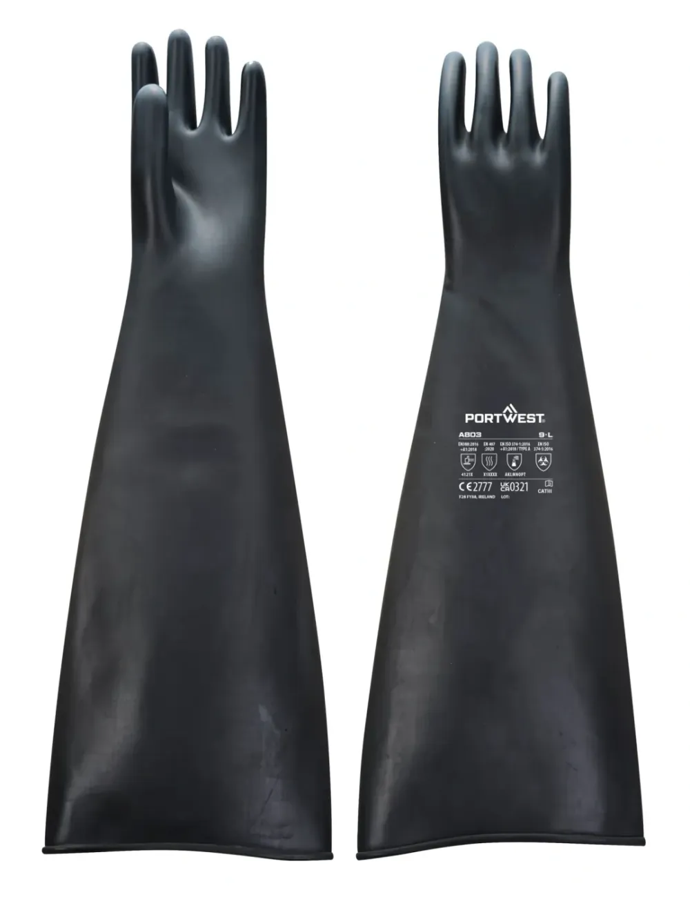 Portwest A803 Zwaargewicht latex-rubberhandschoen 600 mm Zwart voorkant
