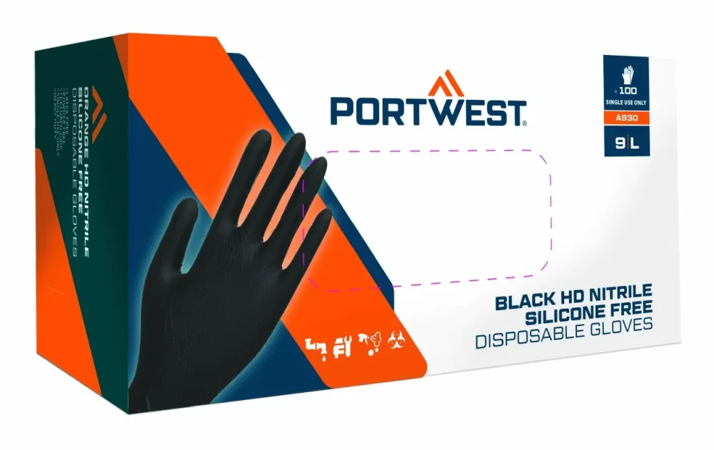 Portwest A930 Oranje HD Wegwerphandschoen (Pk100) Zwart voorkant
