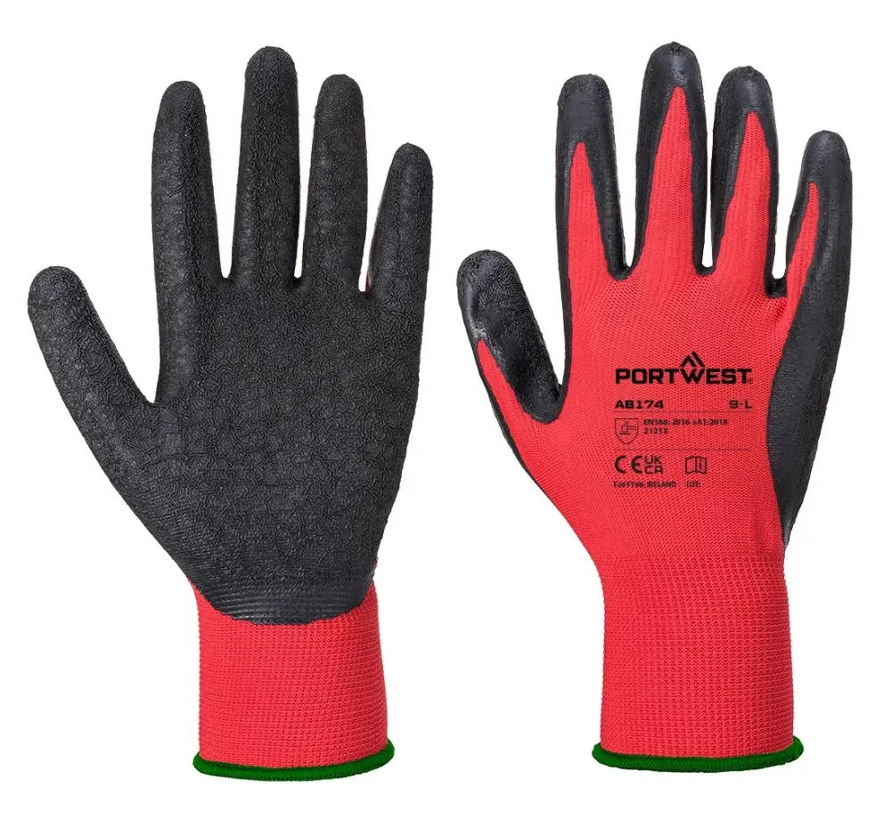 Portwest AB174 Grip 13 latex volledig gecoate handschoen (Pk12) Rood/Zwart voorkant