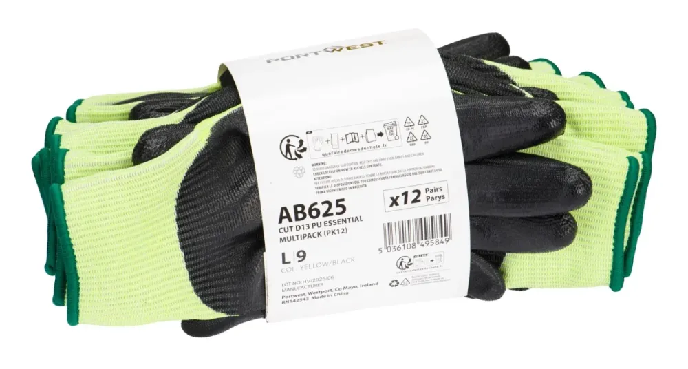 Portwest AB625 Snijklasse D13 PU Essential Handschoen in Multipack (Pk12) Geel/zwart voorkant