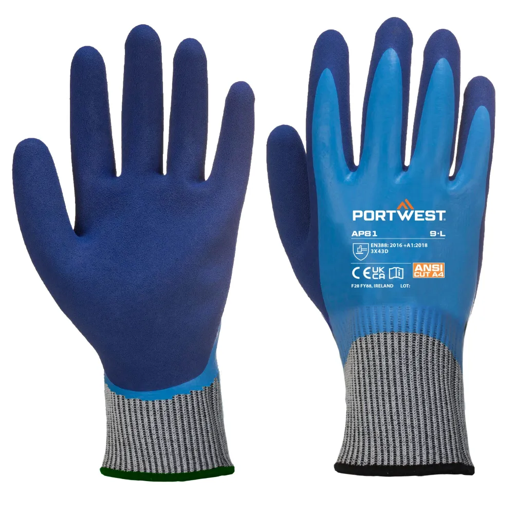 Portwest AP81 Vloeistofdichte High Risk Snijbestendige Handschoen Blauw voorkant