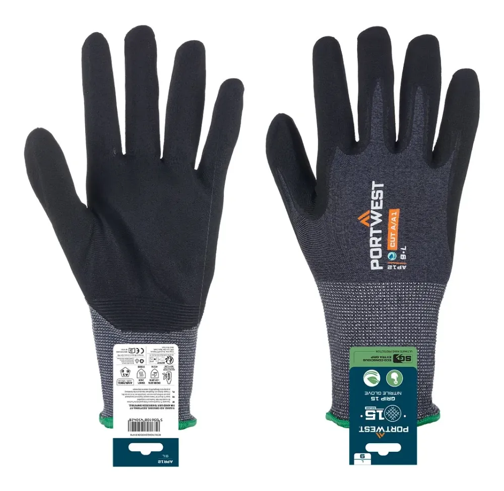 Portwest APR12 SG Grip 15 Nitril Handschoen (Retail) Grijs/zwart voorkant
