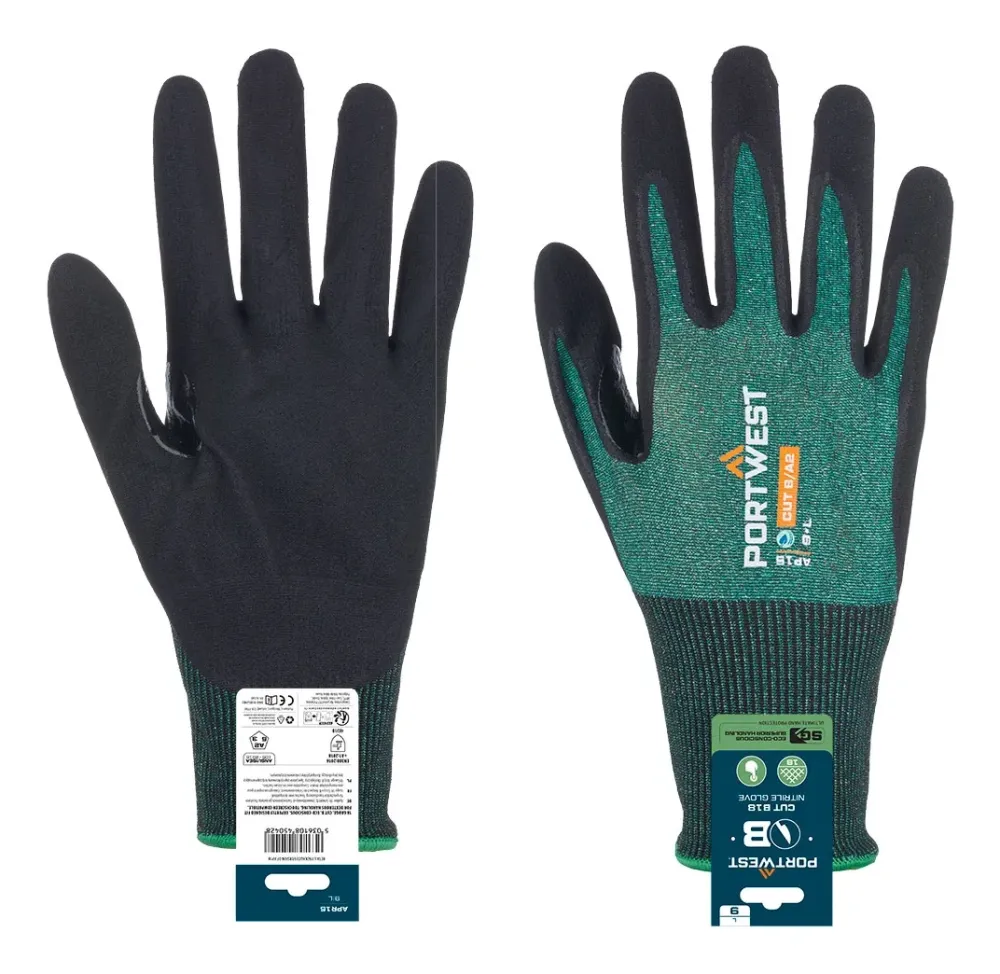 Portwest APR15 SG snijbestendige B18 Nitril Handschoen (Retail) Groen/zwart voorkant