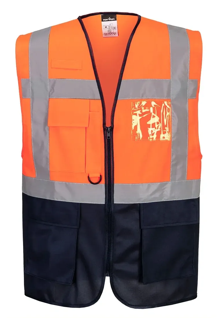 Portwest C476 Warsaw Hi-Vis Contrast Executive Vest Oranje/marine voorkant