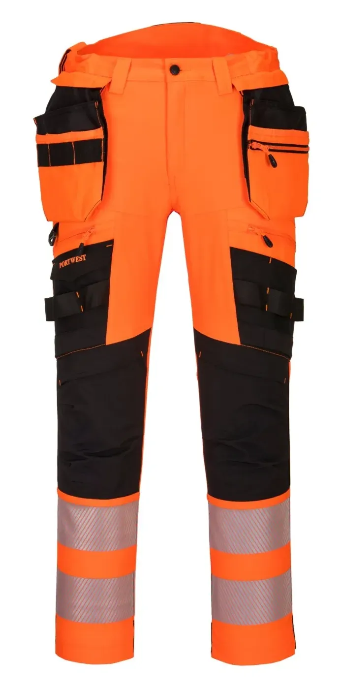 Portwest DX442 DX4-Hi-Vis broek met afneembare holsterzakken Oranje/zwart voorkant