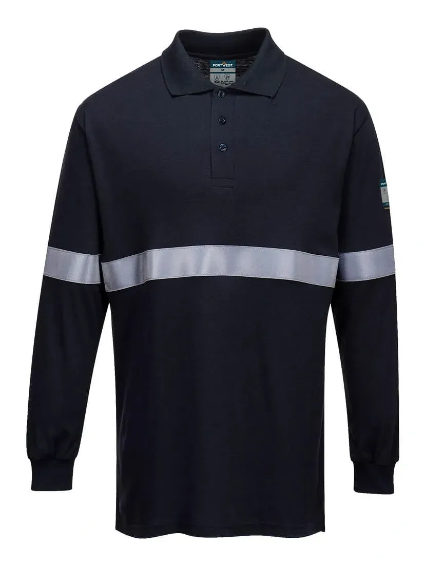 Portwest FR03 Vlamvertragende Modaflame Antistatische lange mouw poloshirt met reflecterende striping Donker marine voorkant