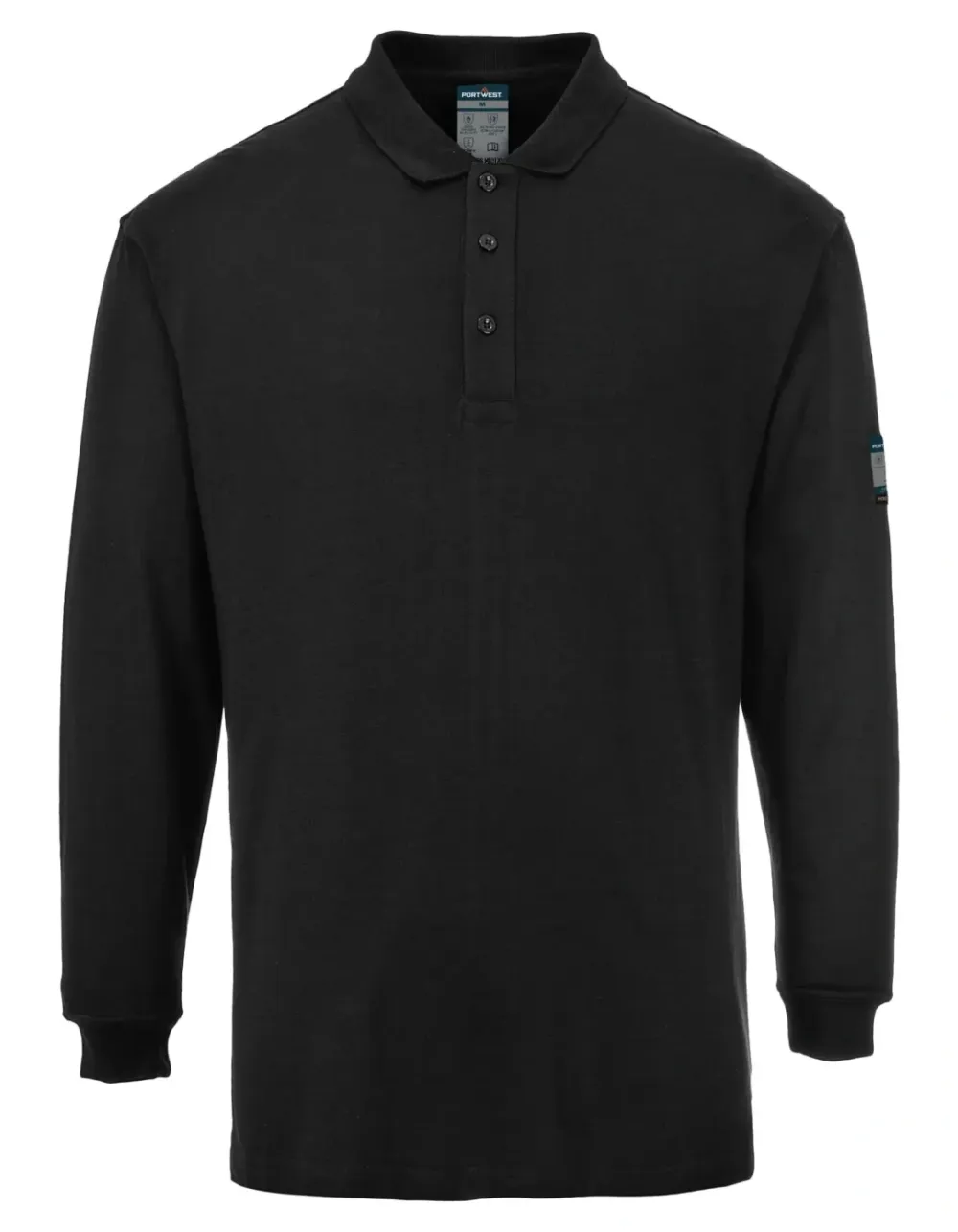 Portwest FR10 Vlamvertragende Modaflame Antistatische lange mouw Polo Shirt Zwart voorkant