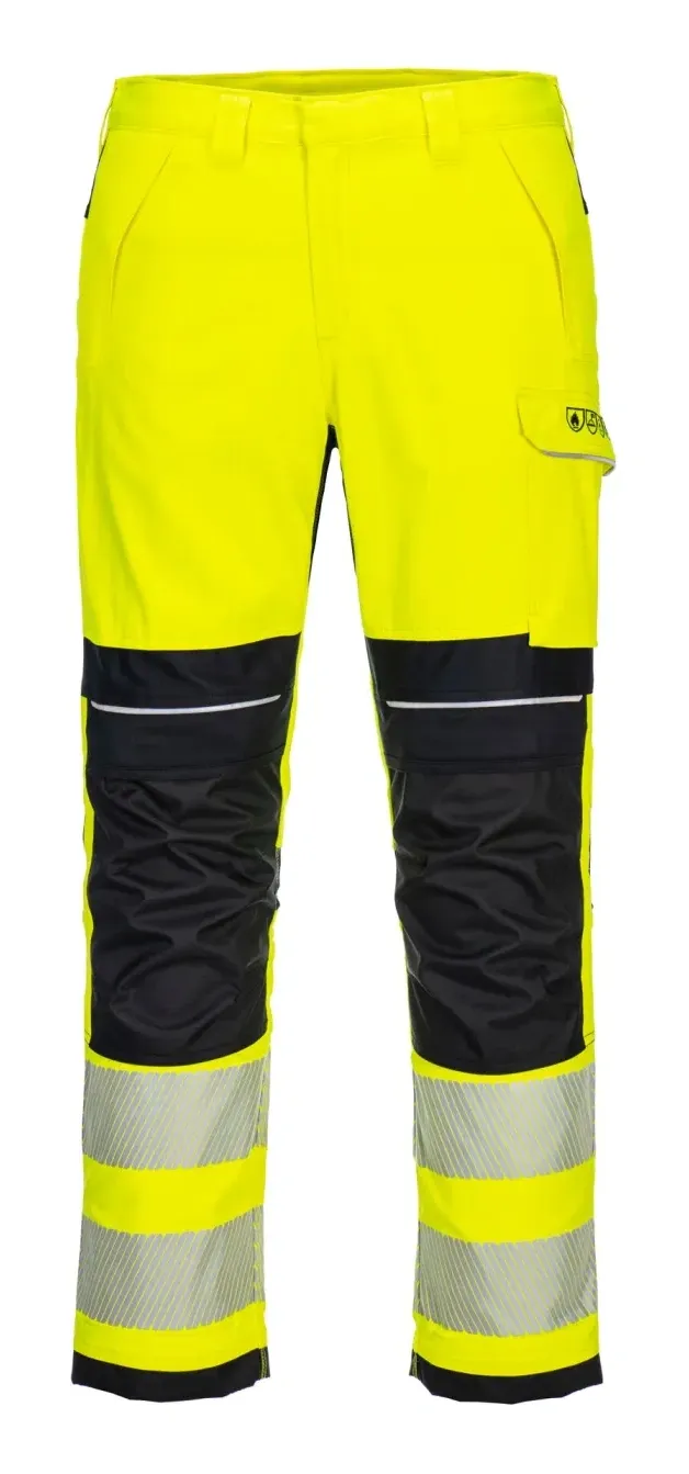Portwest FR406 PW3 Vlamvertragende Modaflame Hi-Vis werkbroek Geel/zwart voorkant