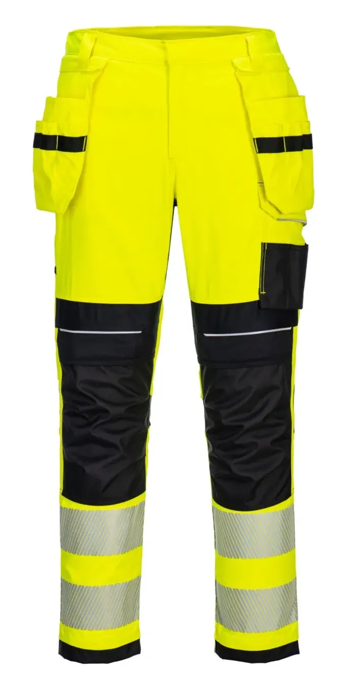 Portwest FR407 PW3 Vlamvertragende Modaflame Hi-Vis broek met holsterzakken Geel/zwart voorkant