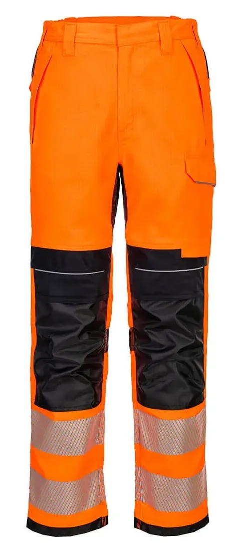 Portwest FR414 PW3 Vlamvertragende Modaflame Hi-Vis werkbroek Oranje/zwart voorkant