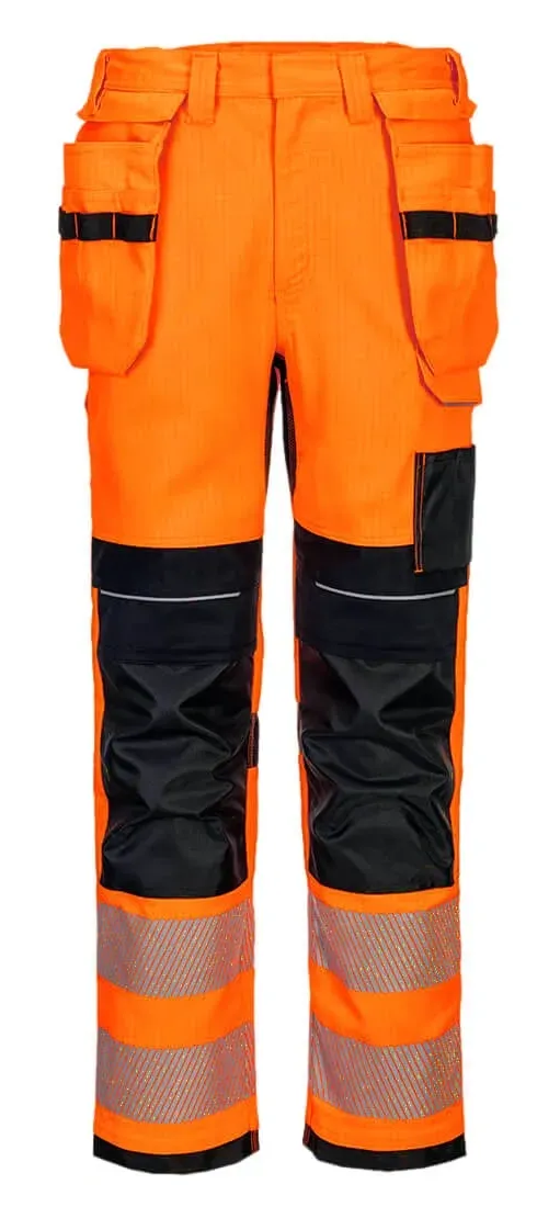 Portwest FR415 PW3 Vlamvertragende Modaflame Hi-Vis werkbroek met holsterzakken Oranje/zwart voorkant