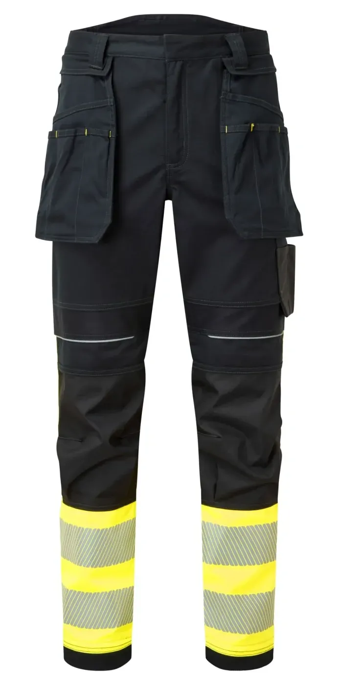 Portwest FR416 PW3 FR Modaflame Hi-Vis Klasse 1 Broek met Holsterzakken Geel/zwart voorkant