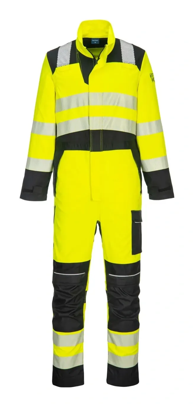 Portwest FR507 PW3 Vlamvertragende Modaflame Hi-Vis Overall Geel/zwart voorkant