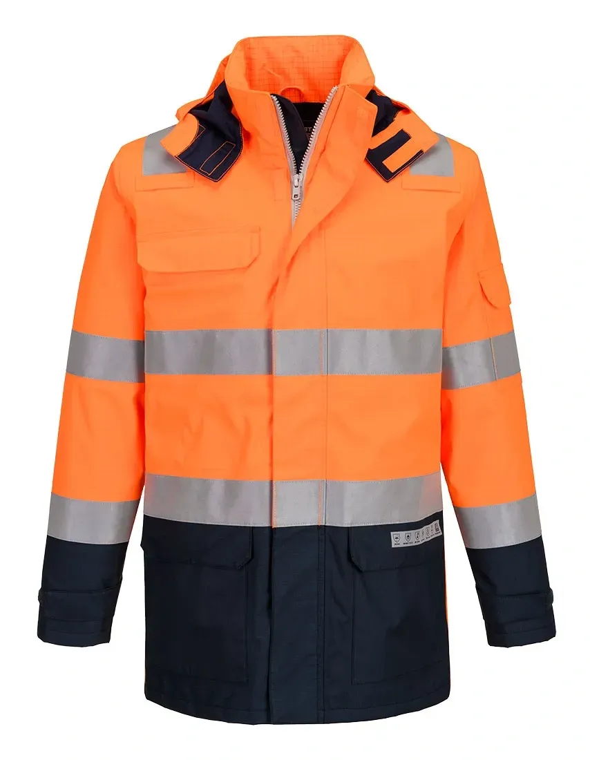 Portwest FR605 Bizflame Regen+ Hi-Vis Vlamboog Jack Oranje/marine voorkant