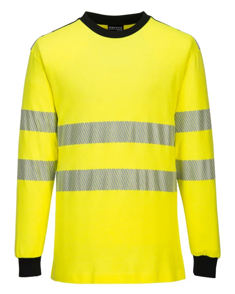 Portwest FR701 PW3 Modaflame gebreid Hi-Vis FR T-shirt met lange mouwen Geel/zwart voorkant