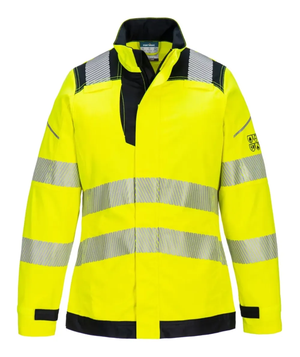 Portwest FR715 PW3 Vlamvertragende Modaflame Hi-Vis dames jack Geel/zwart voorkant