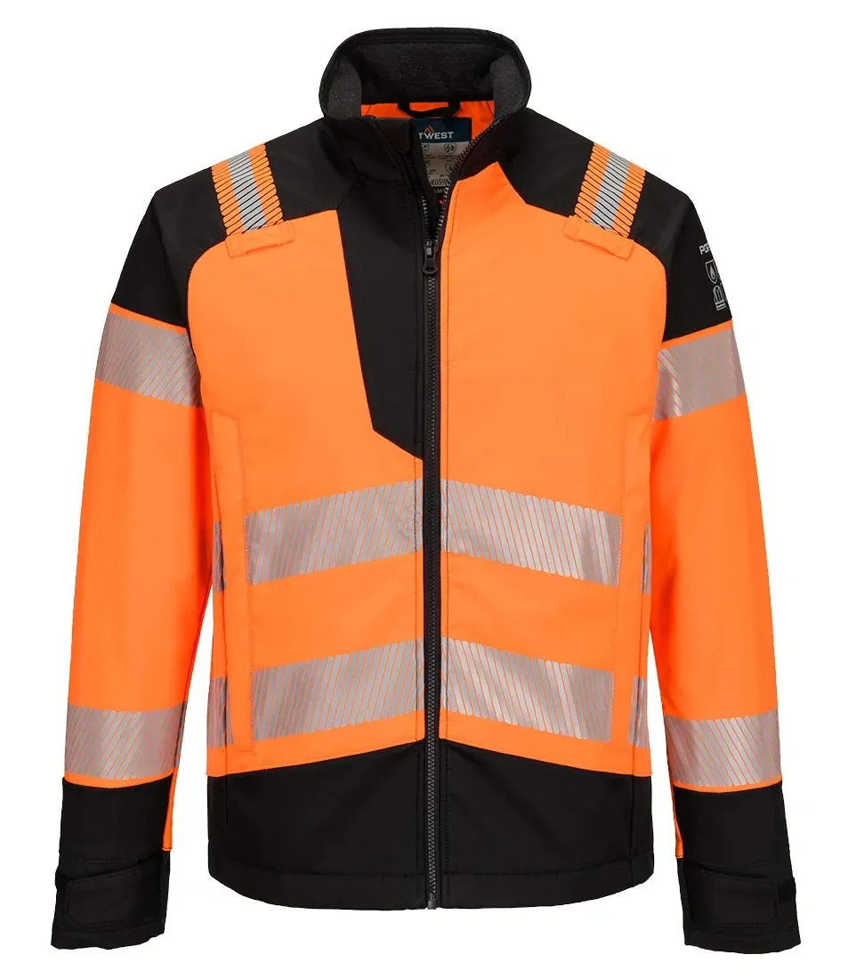 Portwest FR718 PW3 Modaflame Softshell Hi-Vis Multi-Norm FR Jack Oranje/zwart voorkant
