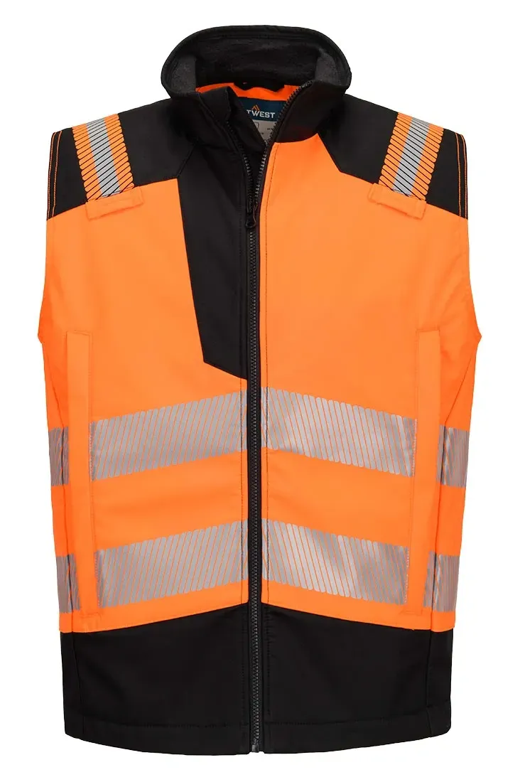 Portwest FR719 PW3 Modaflame Softshell Hi-Vis Multi-Norm FR Gilet Oranje/zwart voorkant