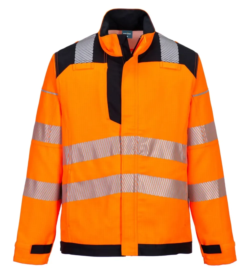 Portwest FR722 PW3 Vlamvertragende Modaflame Hi-Vis werkjack Oranje/zwart voorkant