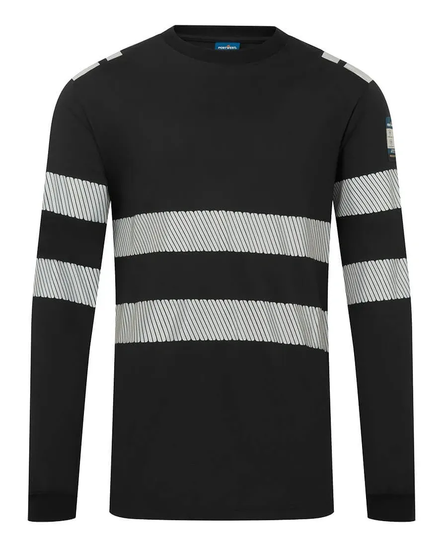 Portwest FR732 PW3 Modaflame gebreid Hi-Vis FR T-shirt met lange mouwen Zwart voorkant