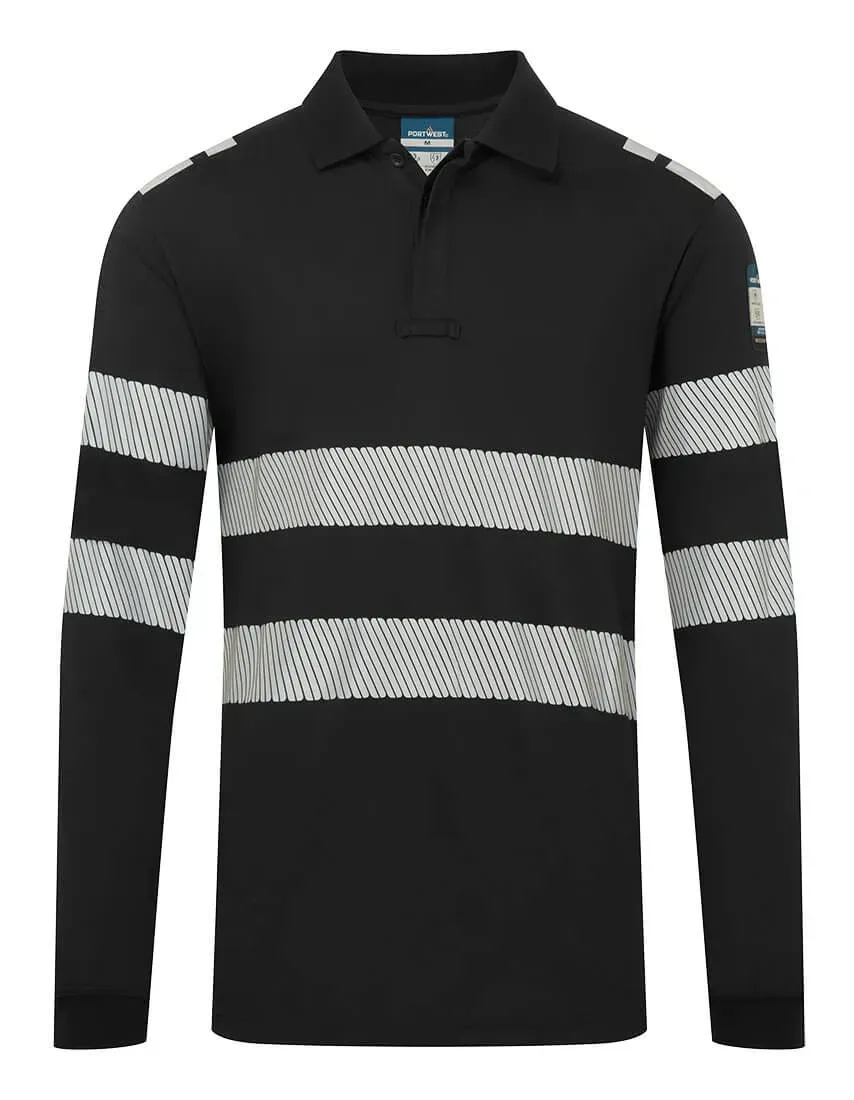 Portwest FR733 PW3 Modaflame Vlamvertragend Poloshirt met lange mouw Zwart voorkant