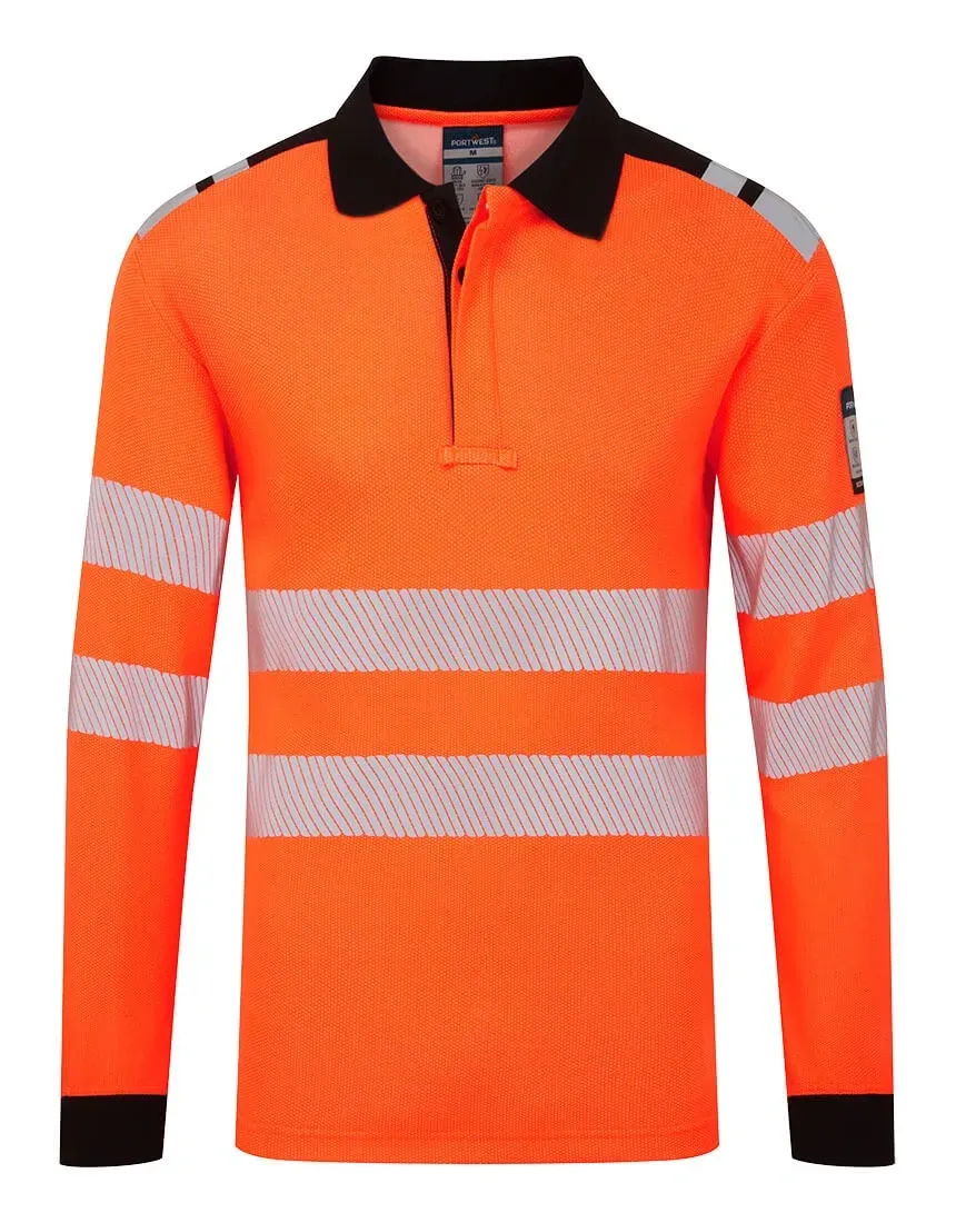 Portwest FR734 PW3 Modaflame Knit HVO Vlamvertragend Poloshirt met lange mouw Oranje/zwart voorkant