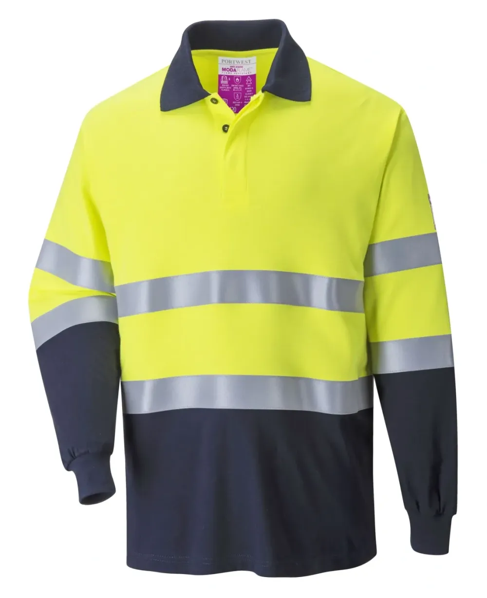 Portwest FR74 Vlamvertragende Modaflame Antistatische lange mouw Poloshirt Geel/marine voorkant