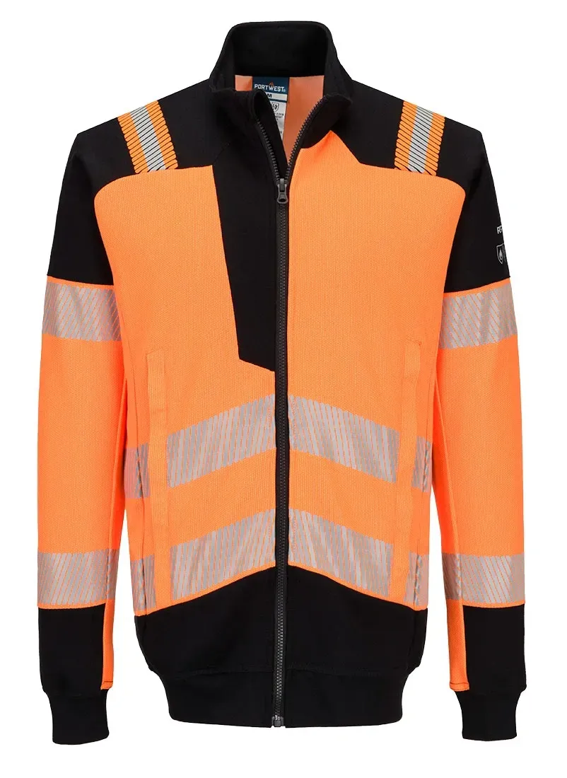 Portwest FR756 PW3 Modaflame gebreid Hi-Vis FR sweatshirt met rits Oranje/zwart voorkant
