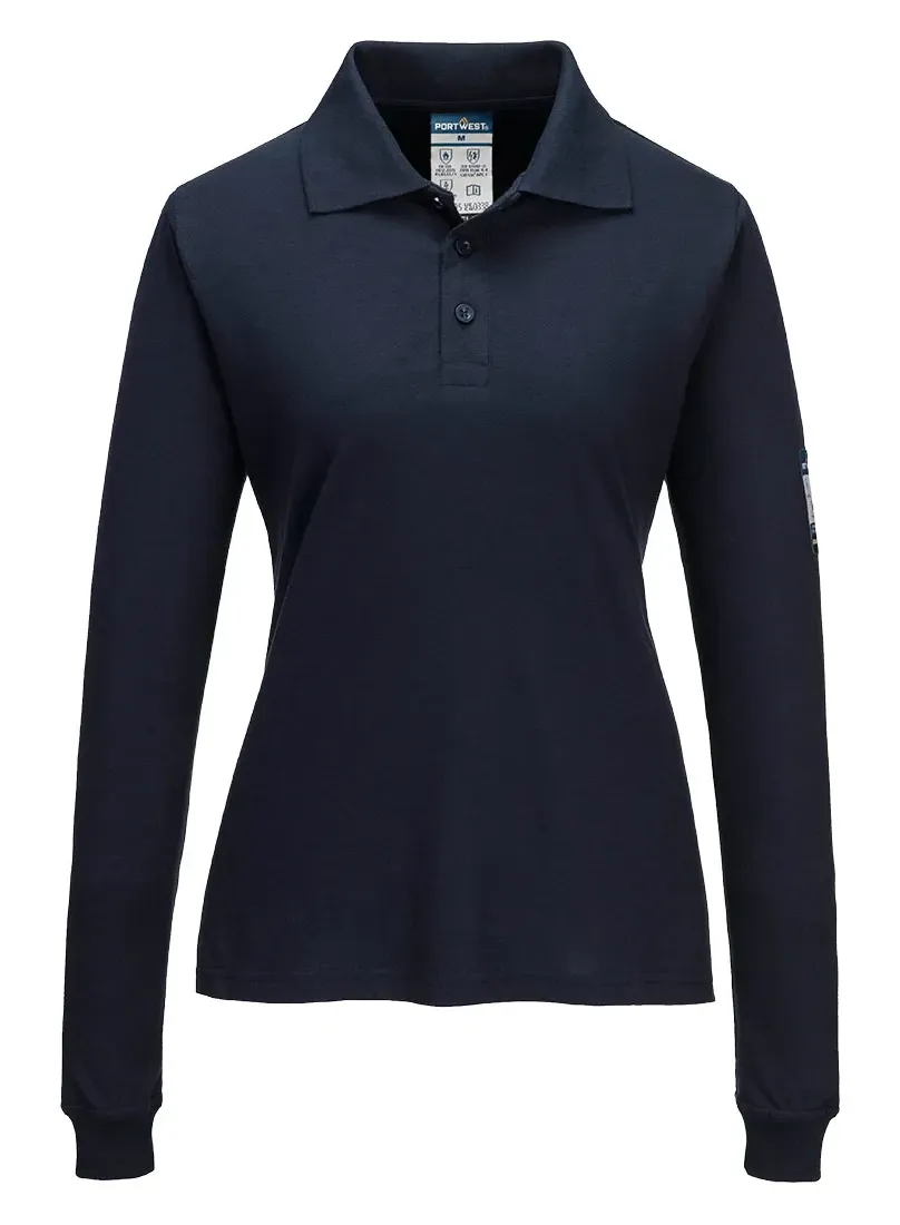 Portwest FR758 Modaflame Vlamvertragend Dames Poloshirt met lange mouw Donker marine voorkant