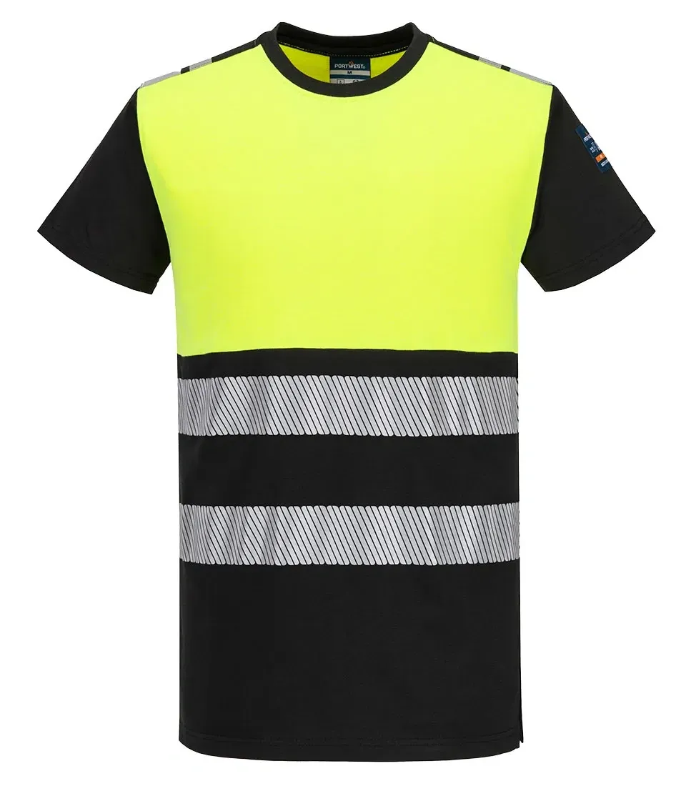 Portwest FR775 PW3 Modaflame gebreid Hi-Vis FR T-shirt met korte mouw Geel/zwart voorkant