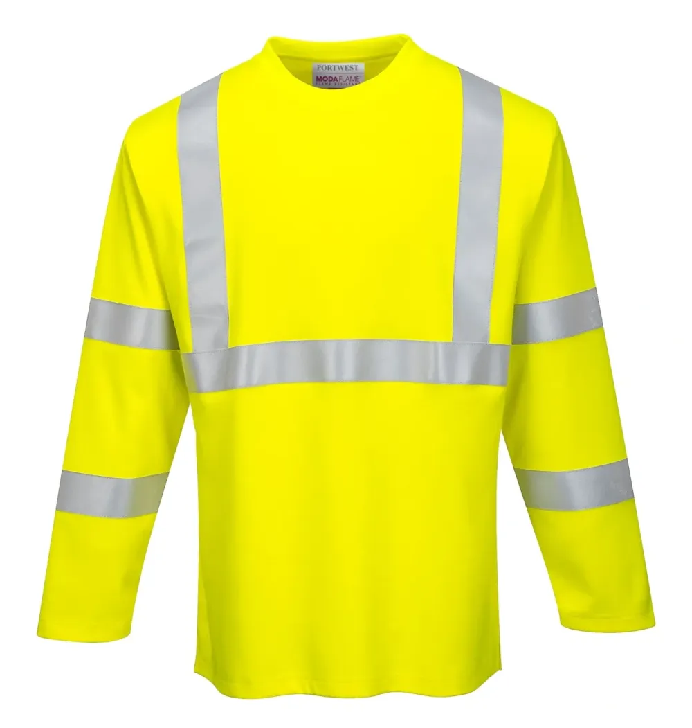 Portwest FR96 Vlamvertragende Modaflame HiVis T-Shirt met Lange Mouw Geel voorkant