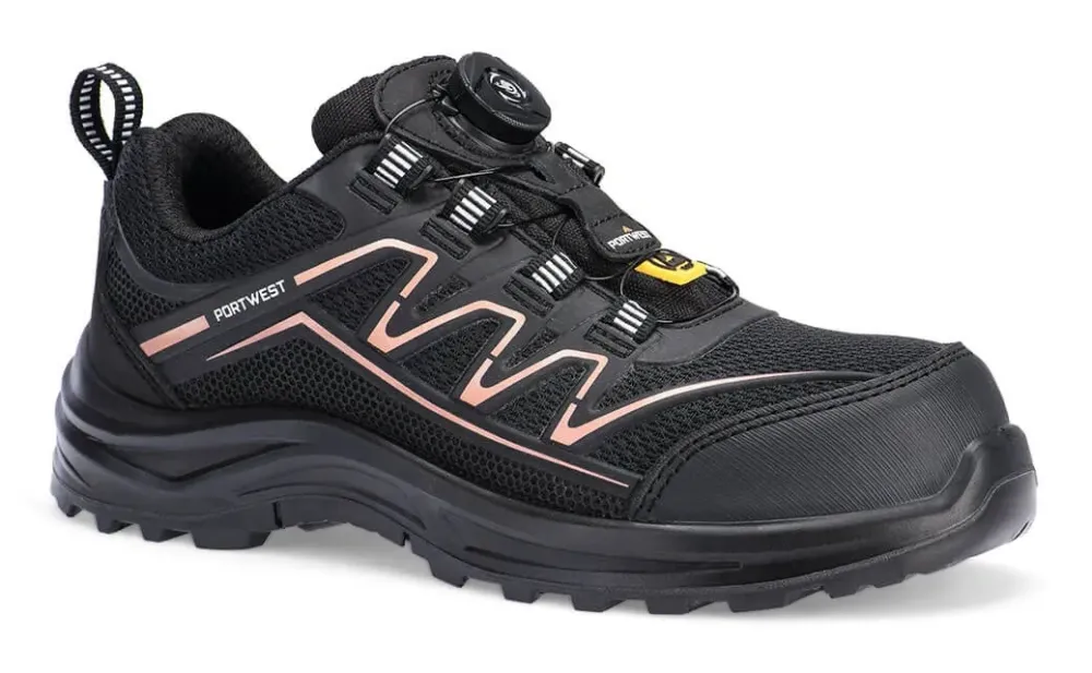 Portwest FT34 Composite KPU-trainers voor dames S1PS FO SR ESD Black/Rose Gold voorkant