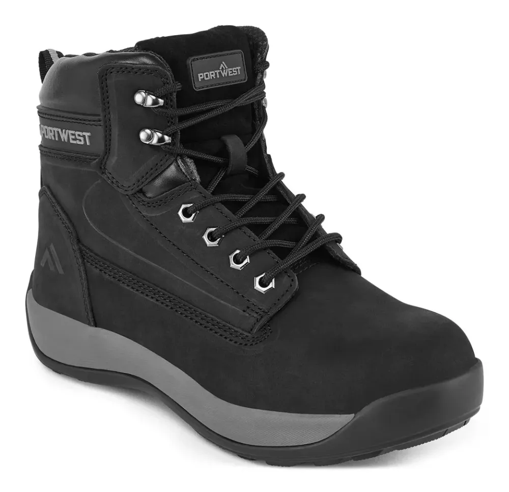 Portwest FW32 Stalen Nubuck Leren Halfhoge Schoen S3 HRO Zwart voorkant