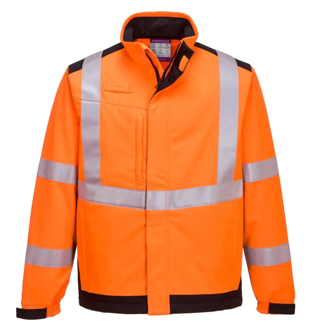 Portwest MV72 Modaflame multinormen Arc Softshell Jack Oranje/marine voorkant