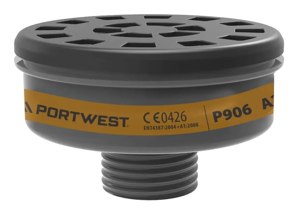 Portwest P906 A2 Gasfilter met Universele schroefdraadsluiting (pk6) Zwart voorkant