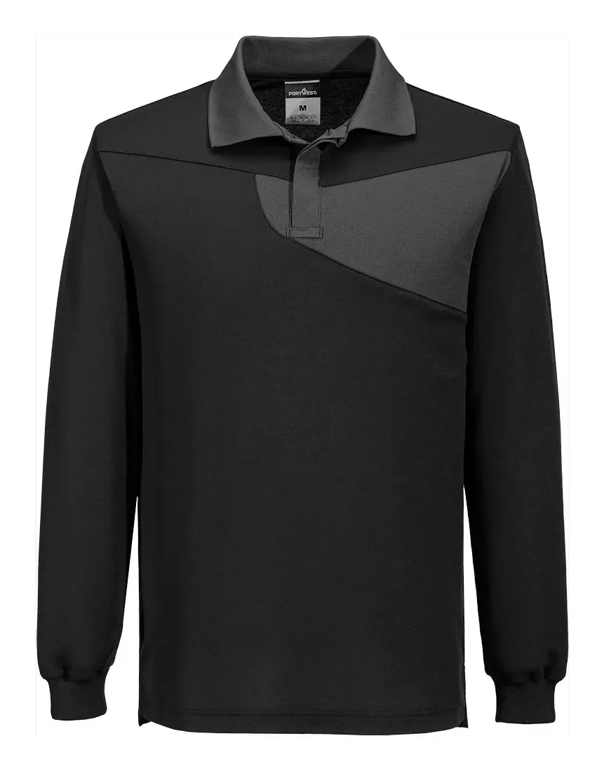 Portwest PW218 PW2 Katoen Comfort Poloshirt lange mouw Zwart/grijs voorkant