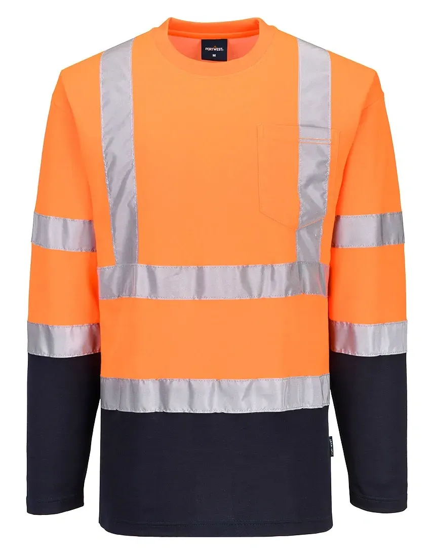 Portwest S280 Tweekleurig, Katoen comfort T-shirt met lange mouwen Oranje/marine voorkant